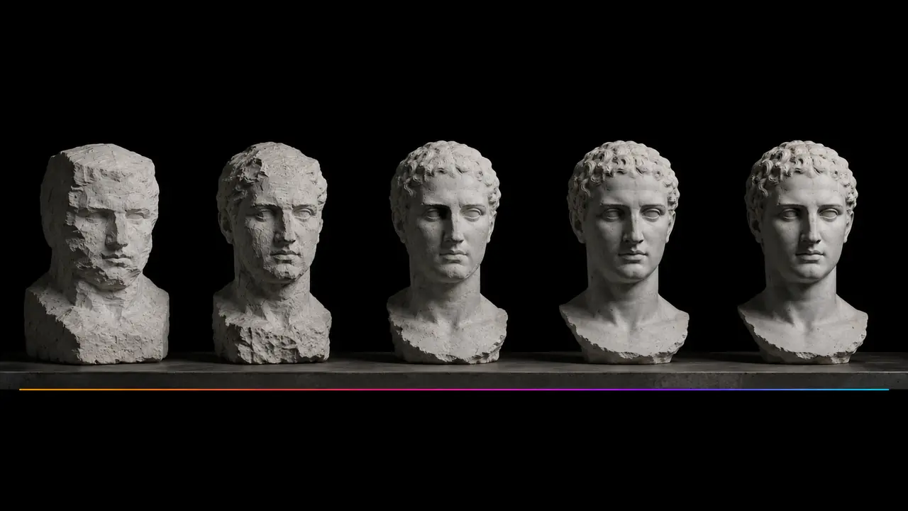 Cinq têtes sculptées alignées, de l'ébauche taillée au visage entièrement achevé