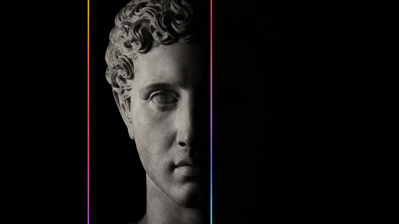 Visage de statue à demi dans l'ombre, cerné d'un rectangle coloré