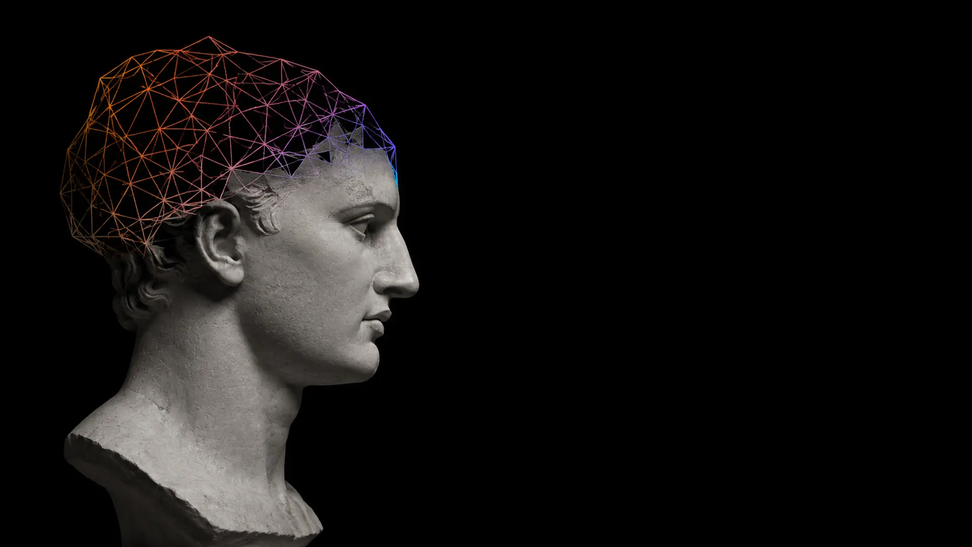 Profil sculpté dont le crâne est prolongé par un maillage triangulé dégradé de l'orange au bleu