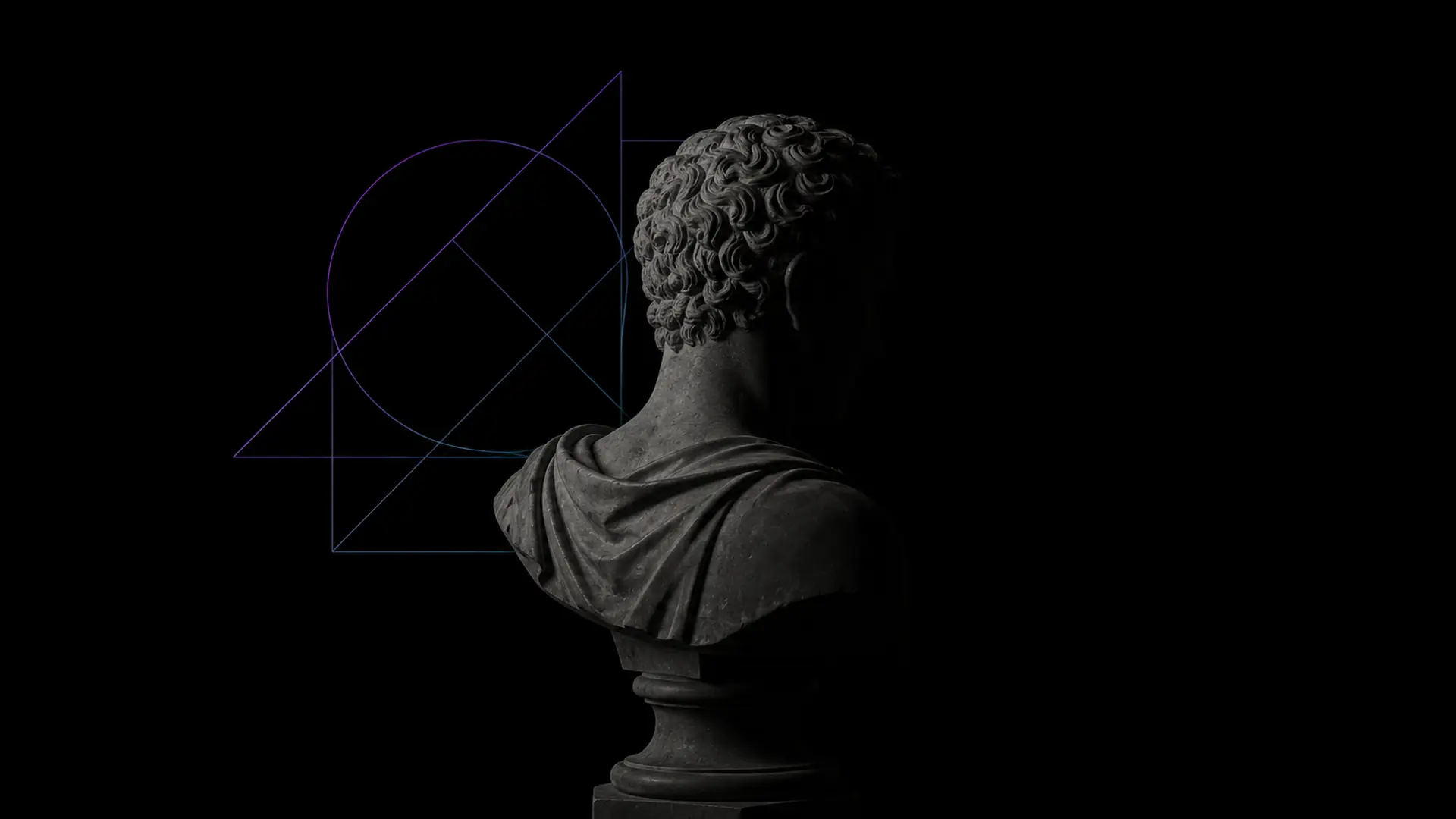 Buste antique vu de dos devant une épure géométrique au trait fin : cercle, carré et triangle